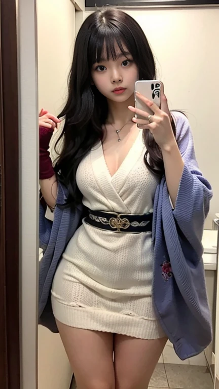 ASİAN, kimono with neckline and skirt, wearing top, Selfie, realisitic, baby face, 14歳, lace on bra, good coloration, vivid colors