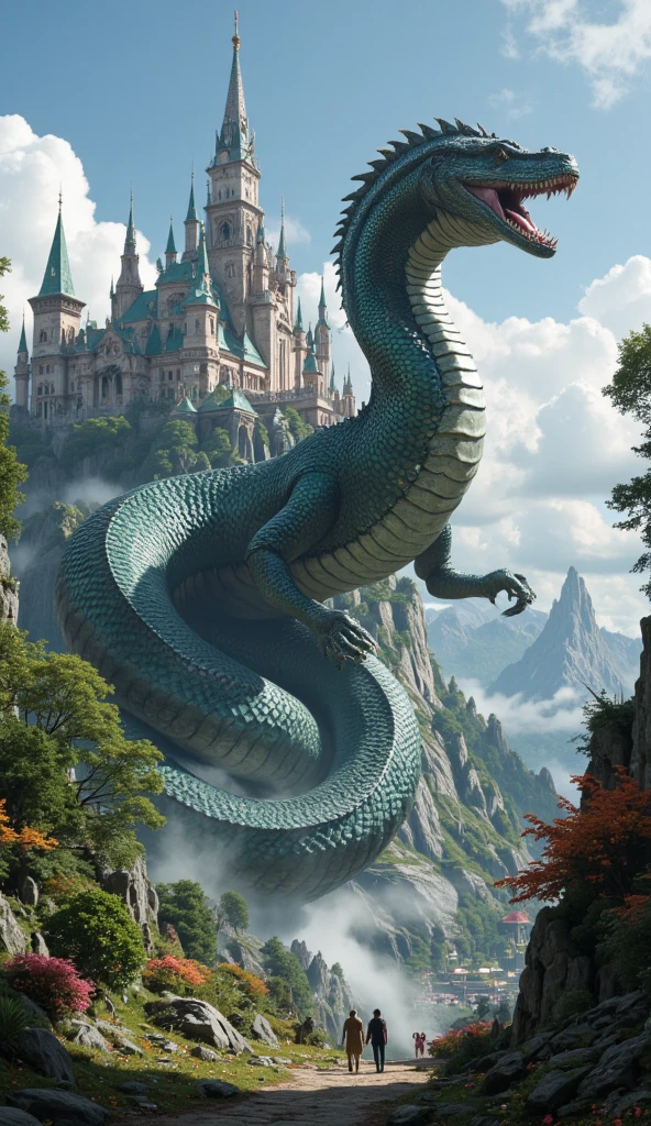 A striking cinematic poster featuring a desolated castle in ruins, with collapsed walls and broken towers. Majestic mountains loom in the background, and a dense forest surrounds the castle, adding to the eerie ambiance. In the foreground the large mountain lake surrounded with mountains, covered in lush forests.  Massive emerald-green serpent emerges from the castle's debris. It sports a thick, vine-like body, sharp-edged scales, and a Chinese dragon-like head. The serpent's glowing yellow eyes stare intensely, while backward-curving horns adorn its head. haunting and captivating atmosphere., poster, cinematic
