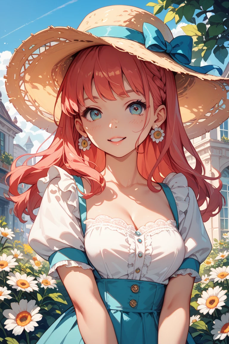 A woman with average height, with a curvy build; curly red hair; blue eyes; freckled face; a perpetually cheerful smile; soft breasts; clearly in love; visiting the zoo; soft blur background, clear complexion, wearing a sundress