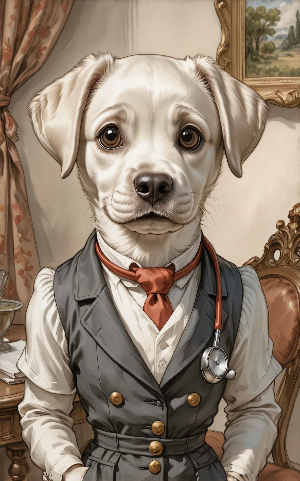 2-D art, cartoon style, old-school Disney, hand drawing, (best quality, masterpiece:1.2), side view, anthropomorphic, a Labrador Retriever dog with light hair wearing classic english costume & rubber medical gloves, doctor, 1890s style background, noire, simple lines, looking to camera, serteuse look, big expressive eyes, (natural textile texture, soft light, sharp:1.2), (intricate details:1.1), bokeh