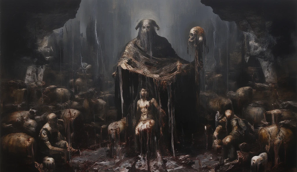 his is the first level of hell, the hell of scissors, where a million evil spirits, emasculated like skeletons, all stuck in their throats, tongues sticking out of their bodies, tongues gathering together, one demon holding a huge pair of scissors,  , divine, grand, majestic, majestic, oppressive,  Trending on Artstation + Incredible silver and black gothic illustration + Exquisite detail::1.5