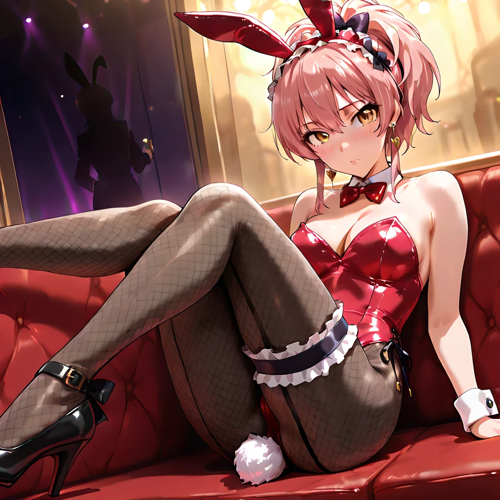 masterpiece, best quality, high resolution, extremely detailed CG, absurdres, highres, expressive eyes, perfect face, 1girl, a cute sexy girl in ((bunny_suit)), kawaii, casino, night club, sexy_posing, fishnet_thighhighs, large_breasts, ((wine)) ,((detailed_background)), happy, :D
