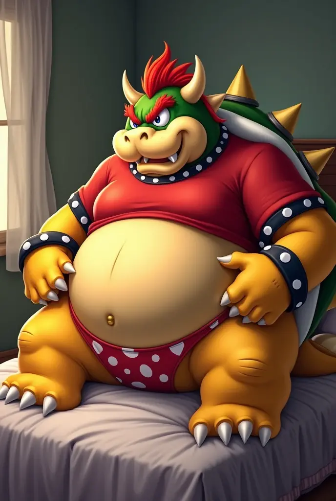 Bowser from Super Mario, Extremely obese, chubby, embarrassed, huge round belly, big moobs, heart underpants, red tight short sleeves t-shirt, laying on a bed, one hand on the belly