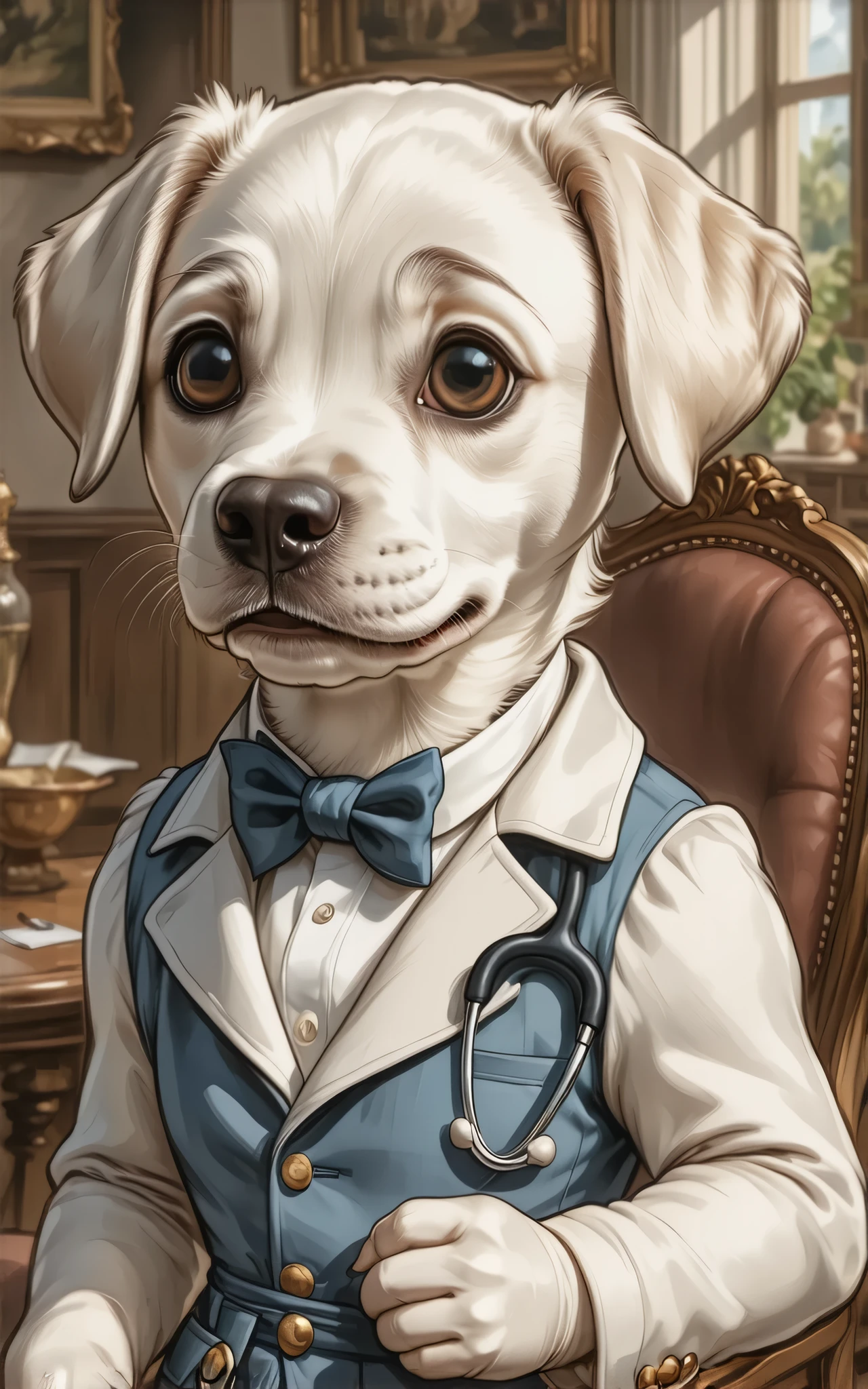 2-D art, cartoon style, old-school Disney, hand drawing, (best quality, masterpiece:1.2), side view, anthropomorphic, a Labrador Retriever dog with light hair wearing classic english costume & rubber medical gloves, doctor, 1890s style background, noire, simple lines, looking to camera, serteuse look, big expressive eyes, (natural textile texture, soft light, sharp:1.2), (intricate details:1.1), bokeh