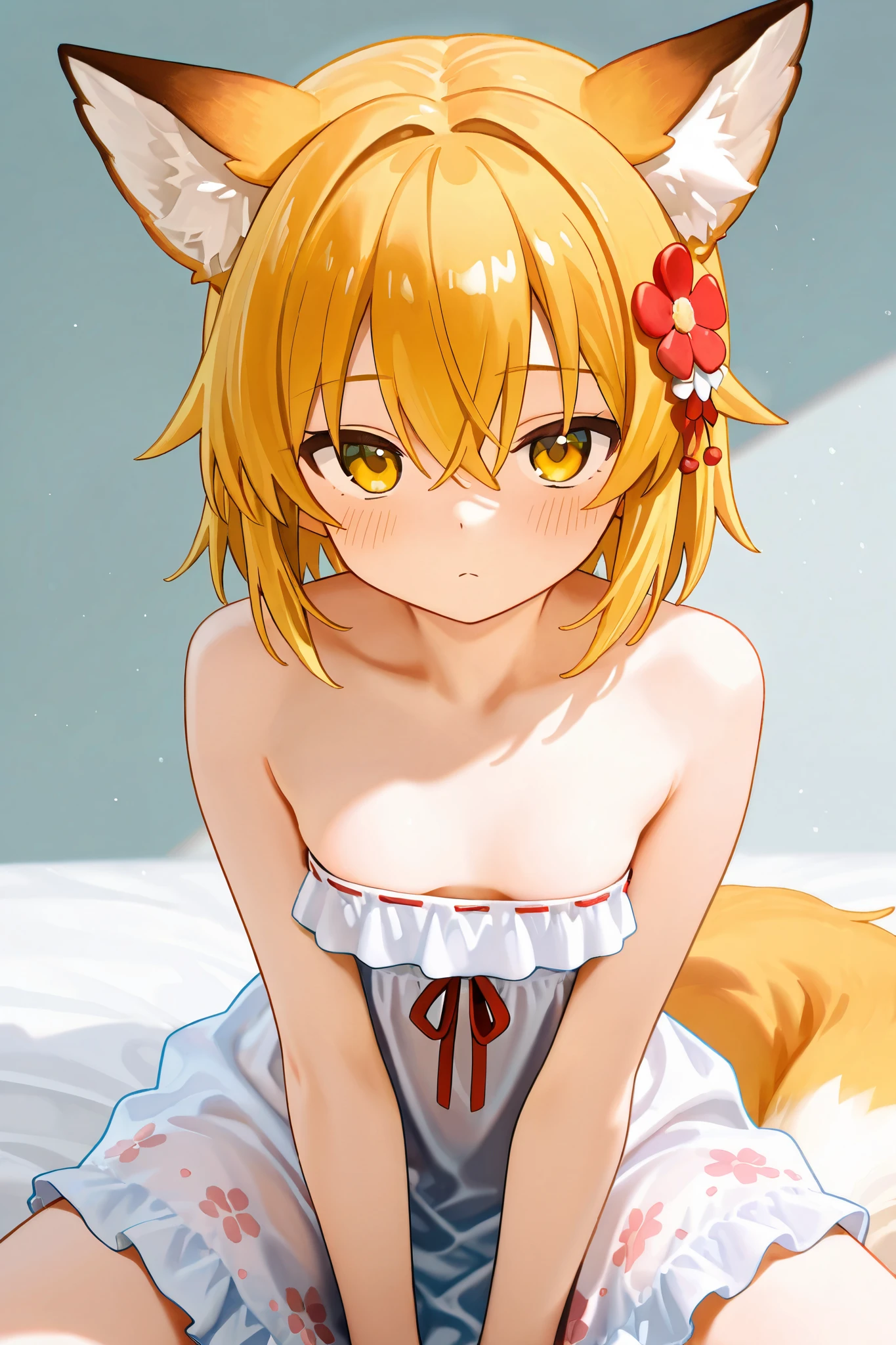 NSFW,masterpiece,best quality,high resolution,very detailed,Fairy Fox\(世話やきキツネのFairy Foxさん\),short hair,bungs、golden hair、hair ornament、 Beast Ears、hair between eyes、yellow eyes、flower、髪のflower、 Beast Earsの綿毛、fox ears、赤いflower、Fox Girl,strapless ruffle dress