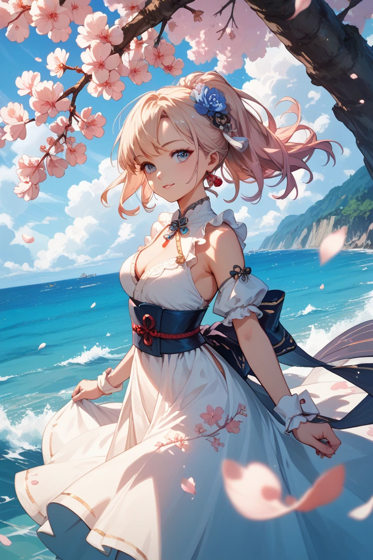 Official Art, masterpiece, Clear focus, (beautiful, Beautiful and lovely Korean woman:1.3), (Beautiful and cute Korean:1.3), Korean beauty, 精致beautiful头发、Eyes and face, Practical, Extremely detailed, beautiful女孩, Blue sky, Glowing white particles, (Side Light:1.2), Sunlight, White Cloud, Detailed clouds, Slim, Such a cute big ass, Smile with teeth bared, ((Smile with your eyes, Open your eyes)), landscape, Long straight hair, Sexy facial expressions, architecture, (城市landscape:1.7), Dynamic Hair, very Long straight hair, Delicate platinum-blonde hair, Green Eyes, Pink skirt, Black socks, Pale skin, Hair accessories, epic landscape,，White high heels，Beautiful butt，beautiful buttocks，There&#39;s nothing under the skirt.，weight loss