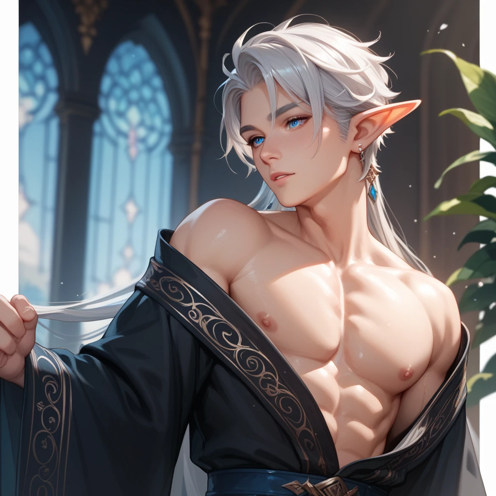 1boy, guy 17 years old, tall, long straight white hair, pale skin, completely white eyes, ears like an elf, glowing white tattoos all over his body, royal white and gold clothing, sitting on a cloud, looking at the earth over his shoulder, bly skies in the background, detailed face, detailed hands, detailed legs, detailed fingers, detailed hair, detailed eyes, detailed skin, dynamic lighting, 8k uhd, (hyper realistic), (photo realistic), (masterpiece), (best quality)