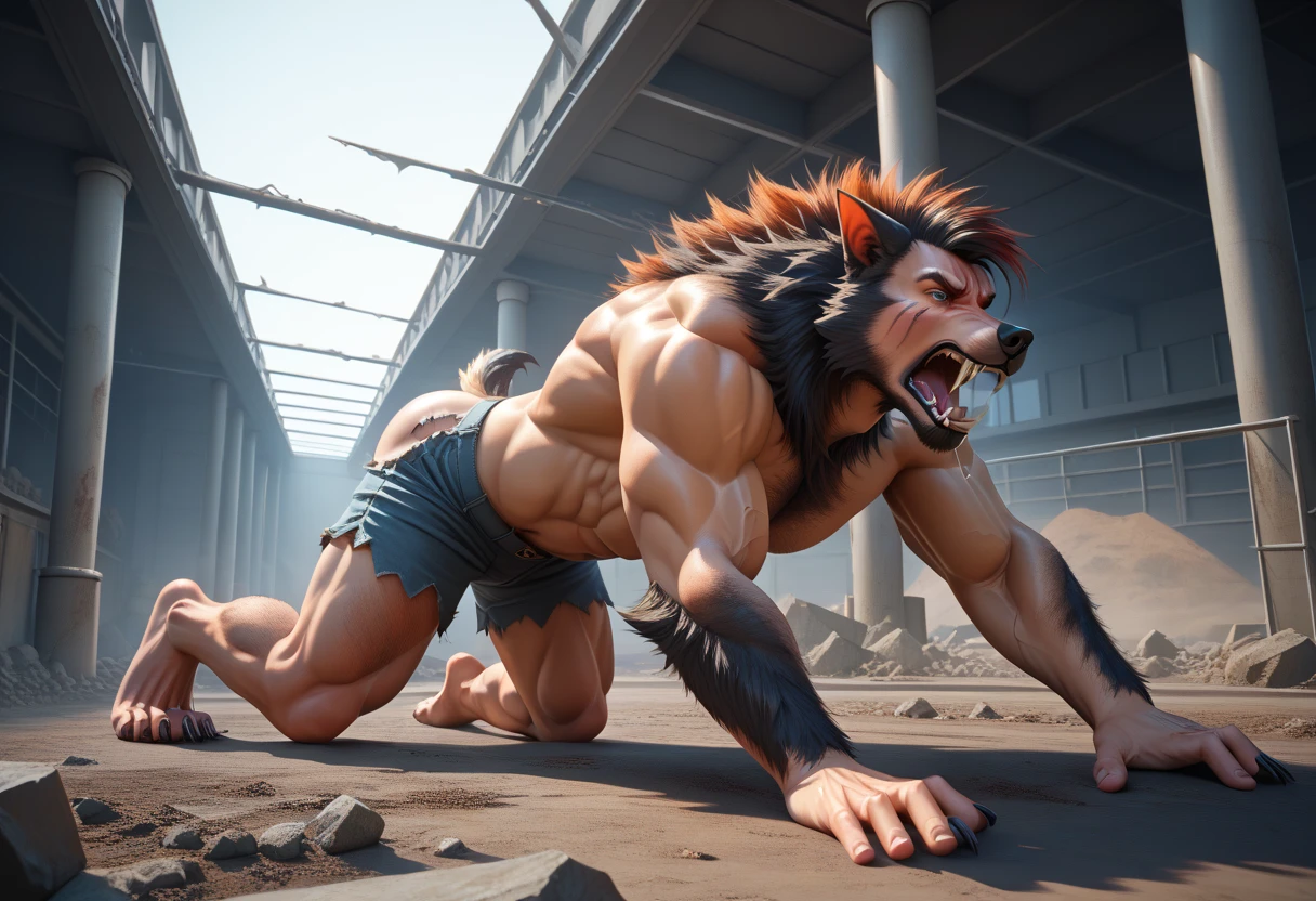 Fluffy Yellow Weasel、Jumping pose、Very huge muscles、Itachi looking to the side、Full body weasel fur、Extremely large bulging crotch underwear、Male genitalia outline、Lots of pubic hair、Very long armpit hair、Thick chest hair、Composition looking up from diagonally below、Barking Weasel、Concrete Background、Pose with both hands raised up、Long body、very short legs、Sharp claws on the toes、Hairless head、Full body weasel fur皮、Howling pose、Upward facing face、Very long and profuse armpit hair、Weasel&#39;s Tail