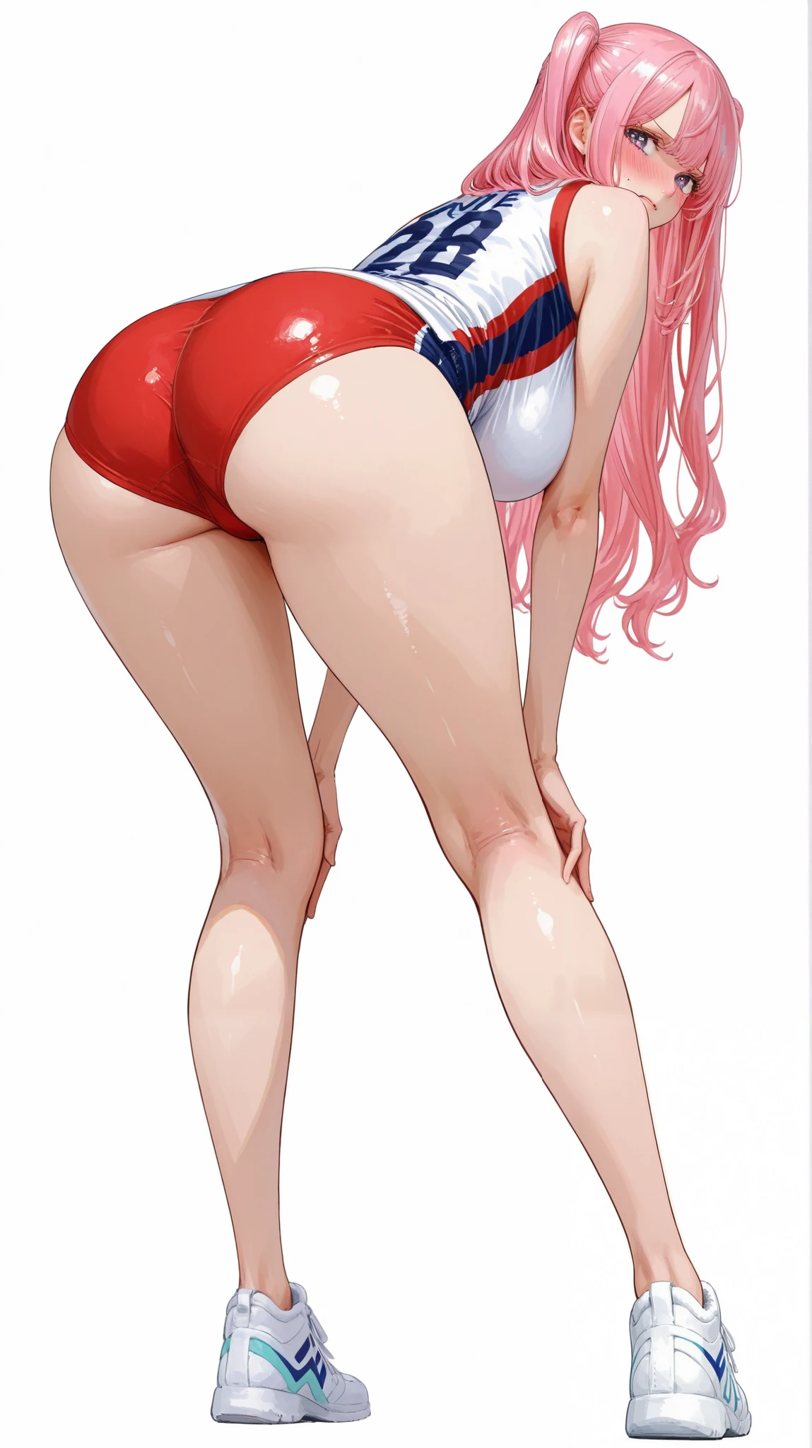 Five fingers、ArtStyle_OnePiece_MangaColored _ownwaifu、usnr、onepiecestyle、(onepiecestyle:1.2)、alone、girl、超details、pastelアート、(has a pure white background:1.4)、20％degree of background、details、detail eyes、pastel、 beauty、Big Breasts、（full body:1.2）、upright、 standing、embarrassed expression、pink hair、TWO SIDE UP HAIR、Wearing a tight volleyball uniform、 big butt、back view、forward leaning posture