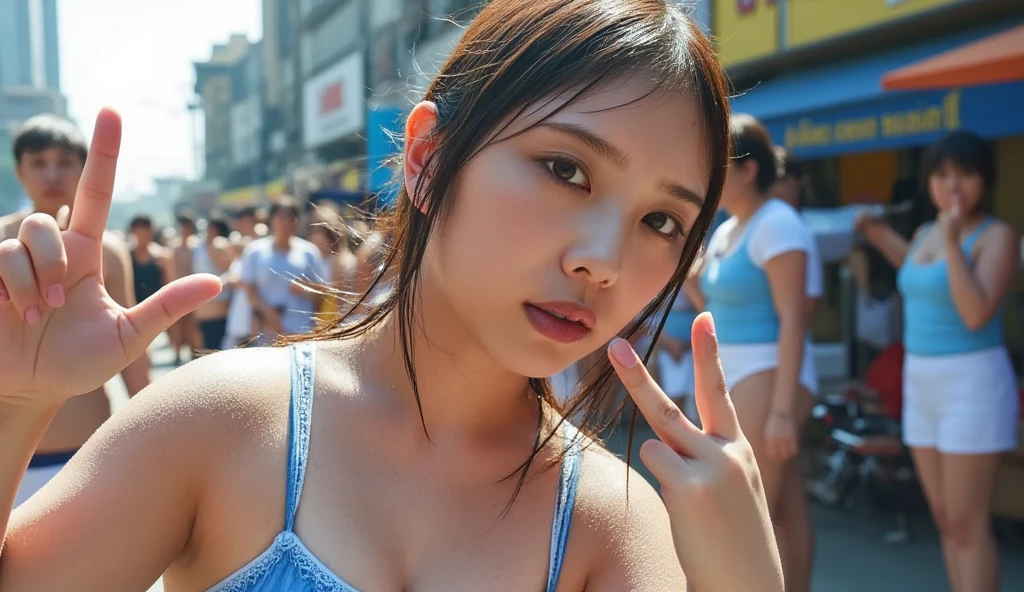 At a crowded Disneyland, white semen flies out of the tip of a penis and splatters on a woman's face and chest.、Big Tits、Blonde、Minnie Mouse