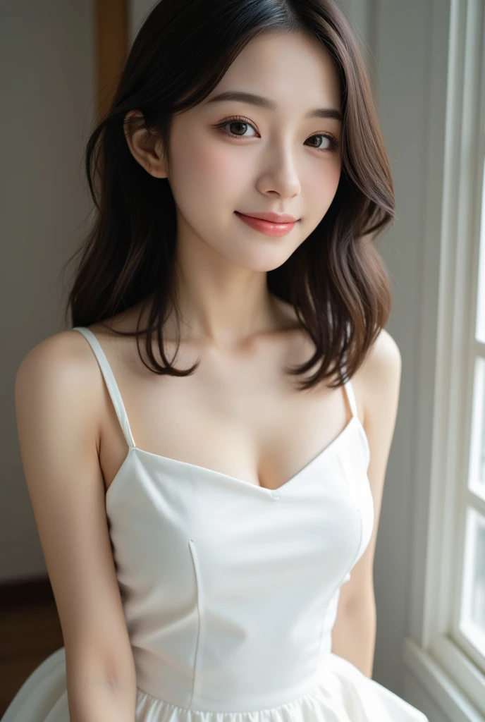 8k, Ultra-high resolution, Highest quality, masterpiece, 三分割法によるphotograph,Surreal, photograph, 1 girl, (16 years old:1.3), pretty girl, Cute face, Beautiful eyes in every detail, 細かくdetailedに,masterpiece,, One Girl:1.2, Japan Female Announcer,whole body,Young Wife,Urban area,street tree,Black Camisole Dress,Pencil Skirt,clavicle,Full of cleanliness,A carefree smile,Healing the heart,Short Bob,Looking at the audience、beauty,Long neck、Laugh a little、Please close your mouth and laugh、(((Ideal body type))),A-cup small breasts :2,、Portraiture:2、Perfect Anatomy、鮮明なdetailed、detailed、Surreal、Light and shadow,Strong light
