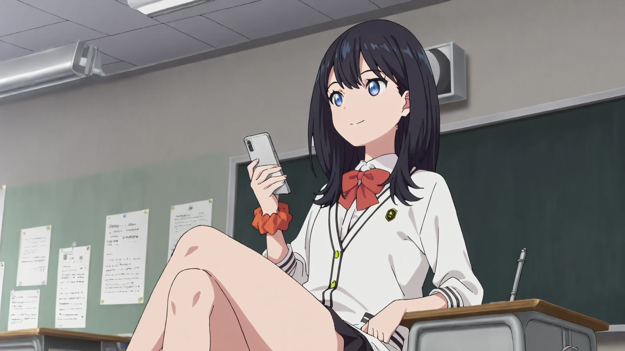 Chic ass, (grab the ass:1.6), Sitting at a desk in a chair, Take a look at us, Pink G-string, Detailed thick G-string, (Long socks), Twin-tailed, Black and Red High School Girl Uniform, crass room, Take a look at us, Soft smile, Skirt, Random hair color, smug face, Sitting, torned boobs (barechested:1.3)