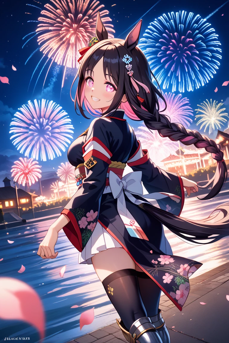 Takiuchi, Check it out,One Girl, Long Hair, bangs, Black Hair, (Purple eyes:1.2),Flower Hair Ornaments,hair tied back,smile,blush,Embarrassing,Blue Kimono,Blue long skirt,Sandals,日本のfestival,夏festivalの屋台、Red lantern,Fireworks in the night sky,Fireworks,The place is a fireworks display,Time is night,whole bodyがイラストに入るように,Looking up from below、Walking,
break outdoors, festival,shrine,
break looking at viewer, whole body, (Cowboy Shot:1. 5)
break (masterpiece:1.2), highest quality, High resolution, unity 8k wallpaper, (figure:0.8), (Beautiful fine details:1.6), Highly detailed face, Perfect lighting, Highly detailed CG, (Perfect hands, Perfect Anatomy),