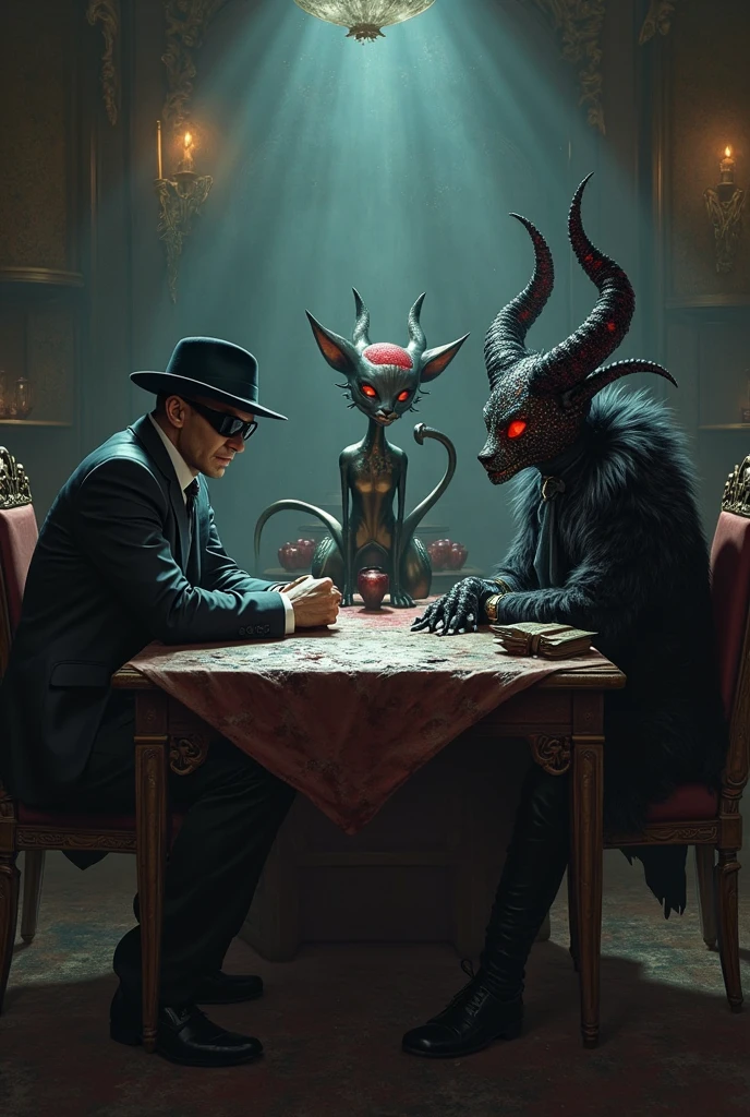 Goat Devil , tarot, smoking, Golden, candlelight! Silver! Card tarot! (Voodoo) Firme eyes! 8k, realist, 3 snakes green!
