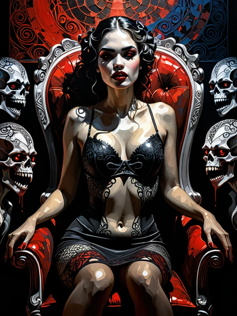 a picture of a vampire queen sitting on her dark throne, a (vampire queen: 1.1) wearing dark red dress, royal dress, dynamic hair, bold intense eyes, extremely exquisite beautiful queen, perfect body, (anatomically corect: 1.3), ultra feminine, ultra detailed face, red lips, red glowing eyes, she sits on a dark frightful, a throne of fear, and might, throne carved from black marble , legendary symmetric design, with (many carvings in the marble: 1.3), skulls on the handles, decorated with rubies, and opal gems, dark fantasy hall room background, (masterpiece: 1.4) intense details, highly detailed, photorealistic, best quality, highres,16k, [ultra detailed], masterpiece, best quality, (extremely detailed), close up, ultra wide shot, photorealistic, RAW, fantasy art, dnd art, fantasy art, realistic art,((best quality)), ((masterpiece)), (detailed: 1.5), ladyshadow, RagingNebula
