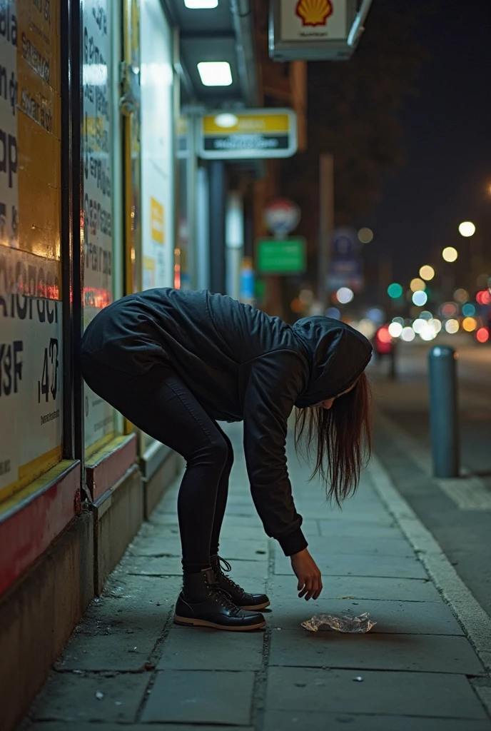 A beautiful black naked woman crawling down street, profile view