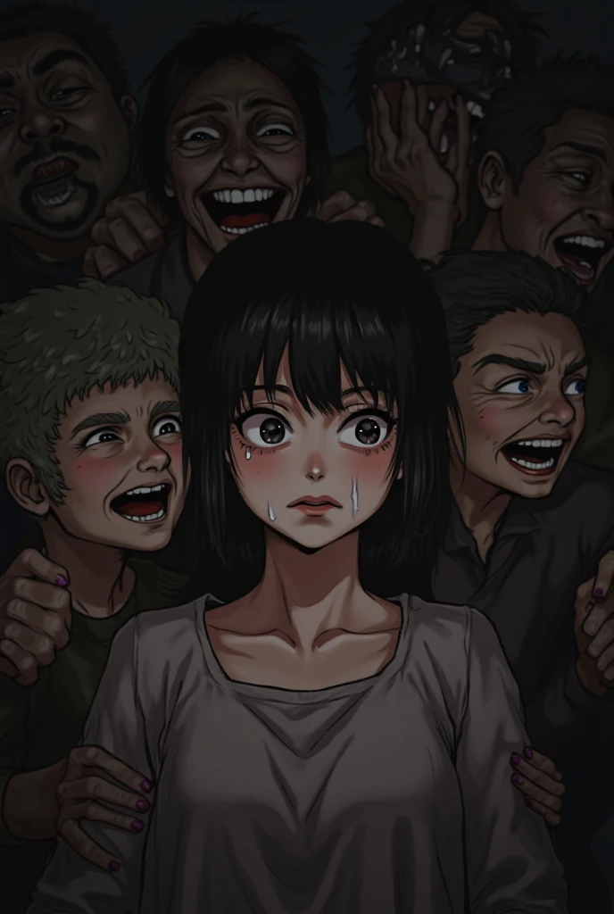 A boy is getting shot in the chest with two hands spread among thousands of girls.