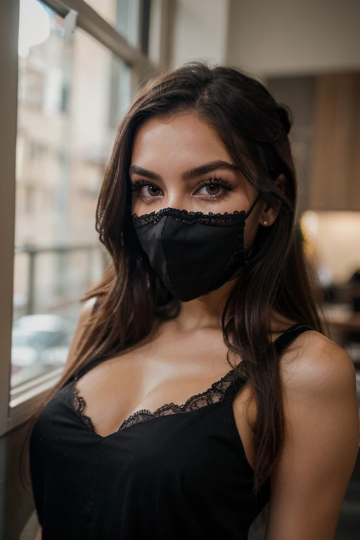 Sexy woman with black lingerie, red eye mask, sexy breast, red lipstick