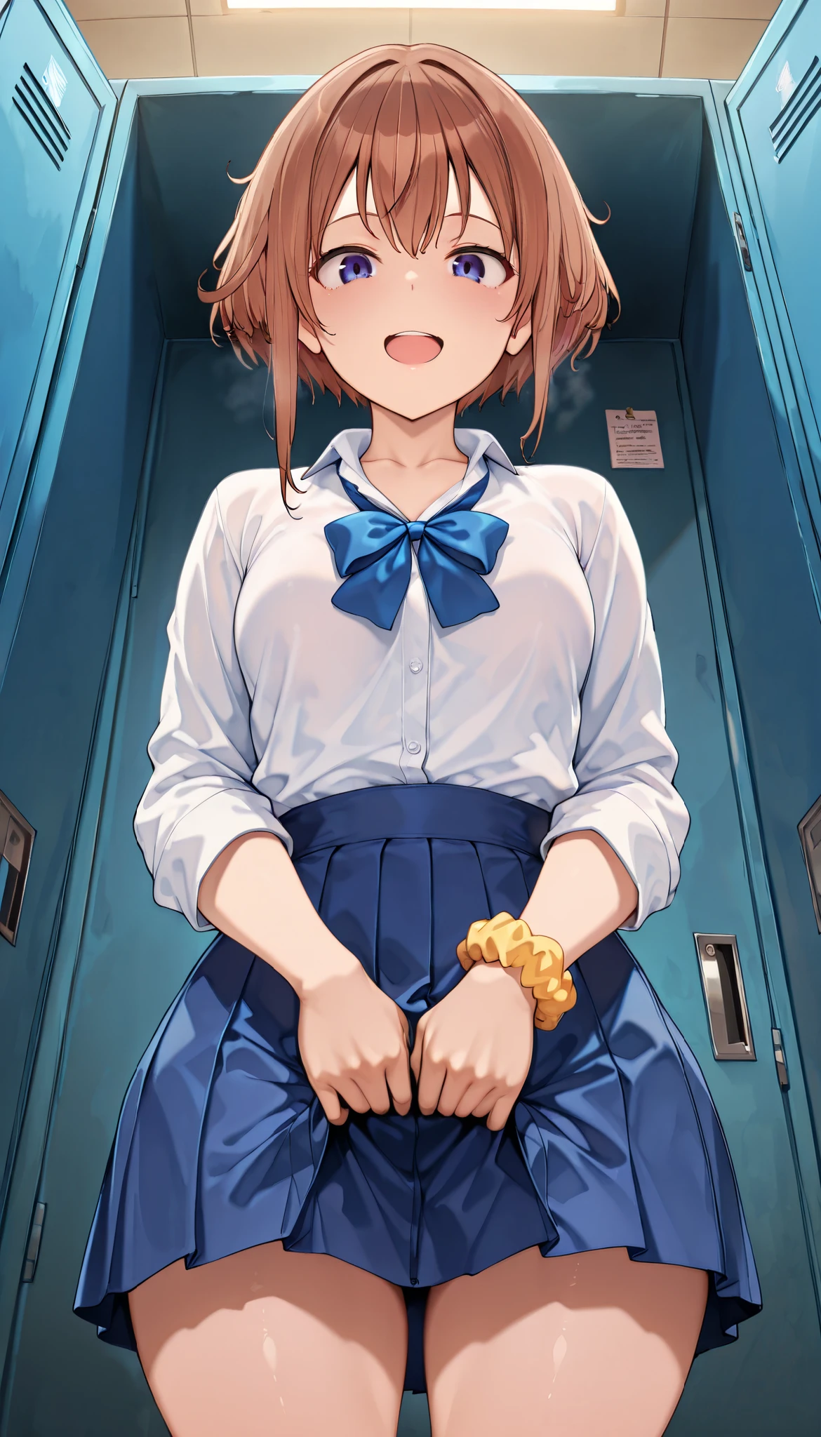 lift skirt,focus on panties,
,looking down at viewer, from below,
,BREAK,
sugumi, brown hair, ,gyaru, collarbone, bow, loose bowtie, white shirt, collared shirt, long sleeves, bracelet, wrist scrunchie,blue skirt, pleated skirt,
Alp,
smile, open mouth,disgusting, (disdaining:1.5), look down at viewer,
,\(troubled eyeblows:1.5\), looking down at viewer,
BREAK, masterpiece,absurderes, beautiful detailed face,(masutepiece:1.2), Best Quality, High resolution, Unity 8k wallpaper, (Illustration:0.8), (Beautiful detailed eyes:1.6), extra detailed face, Perfect Lighting, extremely details CG, (Perfect hands, Perfect Anatomy)
indoor, locker room