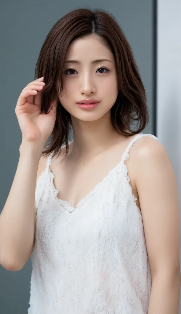 masterpiece, highest quality, 8k,Ultra-high resolution、1080dpi、Head to knee photo、 20th Generation, Large Breasts, cute, alone, sad, cute, Girlish, cute、Delicate girl, Pure beauty, RAW Photos, Professional photography, Soft Light, Professional Lighting, Backlight, avert your eyes, Sophisticated, Film Grain, (Eyes and facial details:1.0), Short floating hair, Beautiful, flowing hair, bangs, (A loose white see-through blouse)、(Large Breasts:1.2)、You can see a little cleavage、The nipple protrusions are clearly visible、(Micro Mini Skirt(Pink))、Voluptuous thighs、Translucent white skin、Dolly Makeup、(Odd Eye、The left and right eyes are different colors)