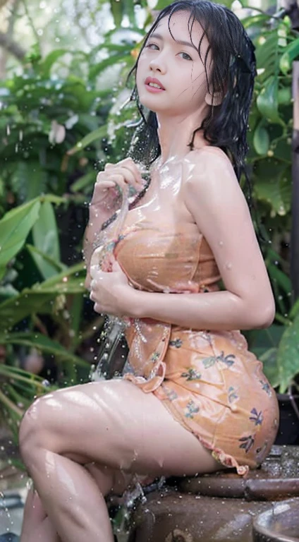 Arabic Woman walking in summer rain, ((in city park)), ((fully clothed)),, ((rain)), long orange summer dress, light grey cardigan, ((orange dress)), bracelets, jewelry, beads, closeup fantasy with water magic, housewife, overcast, humid, tropical, summery palette, playful, gentle smile, clothes made of water, photorealistic, dripping wet, beautiful realistic photo, hyperrealistic fantasy photo, close up, narrow depth of field, 8k, ((drenched)), ((soaked)), (dripping water), dripping oil, heavy clothes, soaked in oil, medium breasts, lawn, wet all over, wet dripping hair, huge breasts, curvy,
varied poses, emphasize round ass,producing round ass,