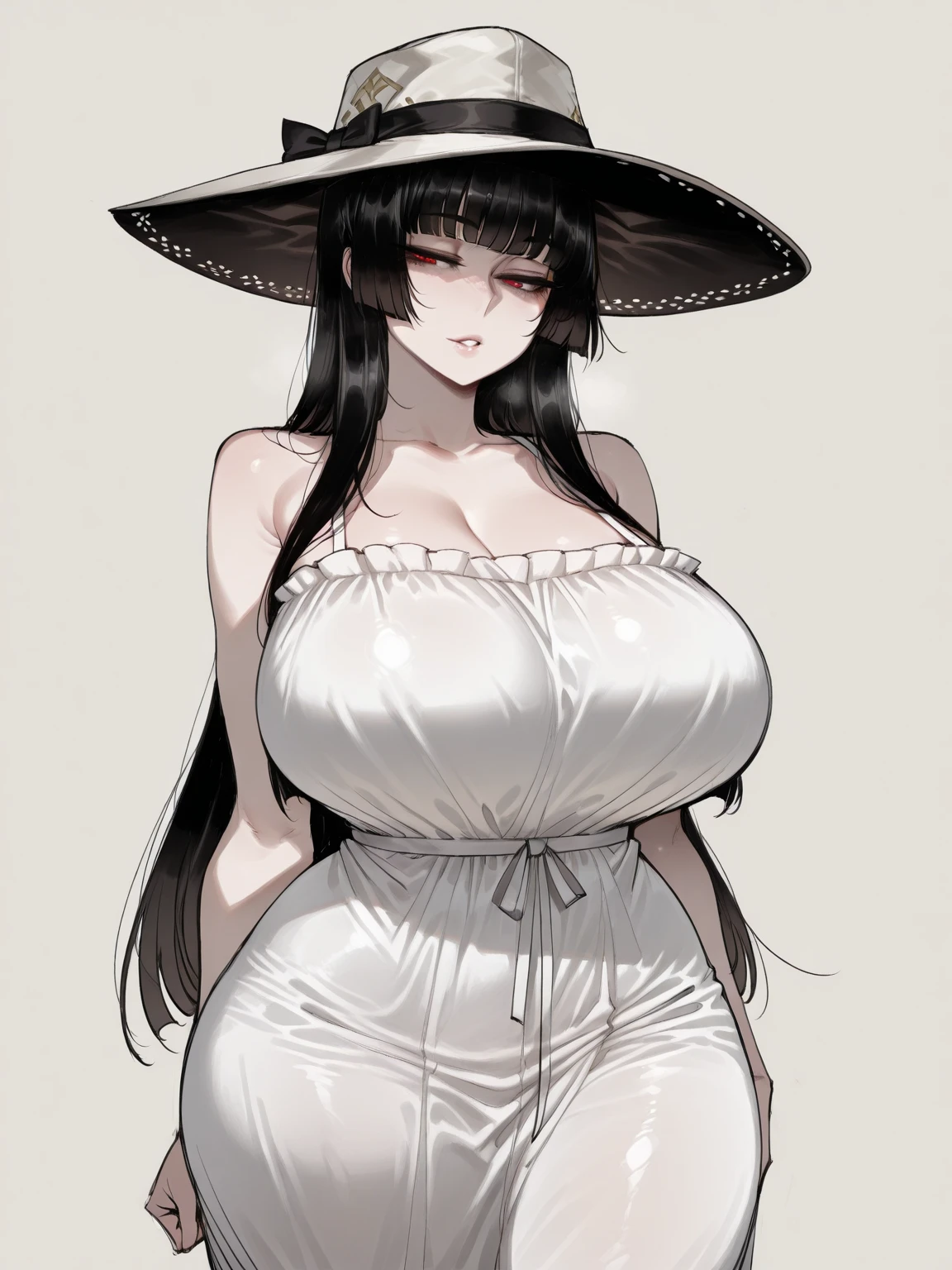 30 year old woman, White skin, curvy body, with long black hair, yellow eyes, with a white dress, black pamela hat, night mountains background.