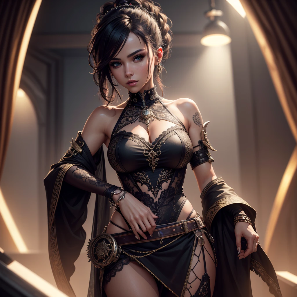 1girl, skimpy outfit, unique clothes, unique hairstyle, sexy, cute, beautiful, detailed face, detailed eyes, detailed lips, elegant, graceful, intricate, high fashion, high quality, detailed rendering, 8k, anime-like, chiaroscuro lighting, dramatic lighting, vibrant colors, cinematic composition