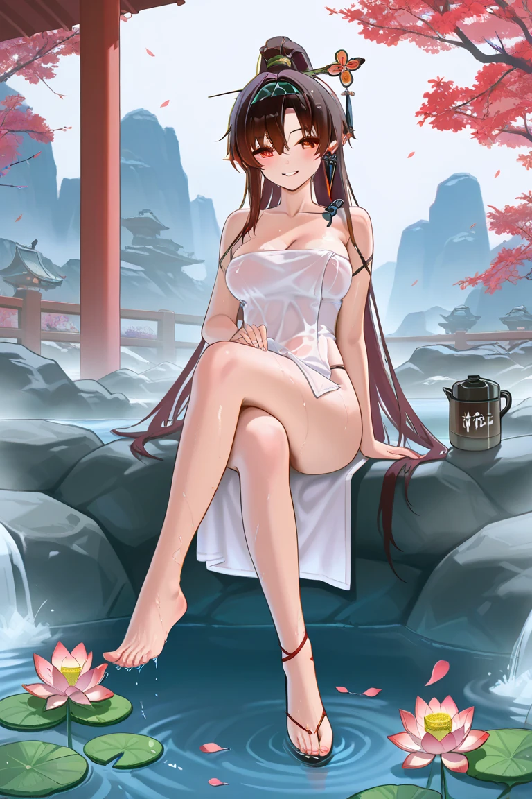 Rocky mountain streams、Rich in nature、Beauty 1 person, Kunoichi, masterpiece, Glossy skin, Since a while ago、Ponytail and thin ribbon、 Looking at the camera, (Breasts and areola covered with transparent red thin cloth、areola is wet and sheer)、(The butt hole and female genitalia are covered with a transparent red thin cloth、Butt hole and female genitalia are wet and see-through)、Sit with your crotch spread、Opening legs、humiliating、shame、Trance、Emphasis on female genitalia、Adult woman bathing in rocky mountain stream、Exact quantity of limbs、Accurate quantity fingers、Suck a folded fan in your mouth、