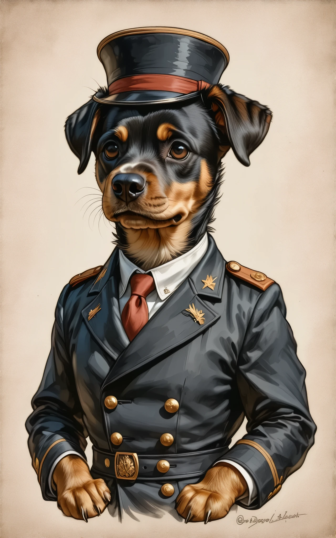 2-D art, cartoon style, old-school Disney, hand drawing, (best quality, masterpiece:1.2), side view, anthropomorphic, a Rottweiler dog with short hair, wearing army officer uniform and black hat, gangster, 1890s style background, noire, simple lines, looking to camera, serteuse look, big expressive eyes, (natural textile texture, soft light, sharp:1.2), (intricate details:1.1), bokeh
