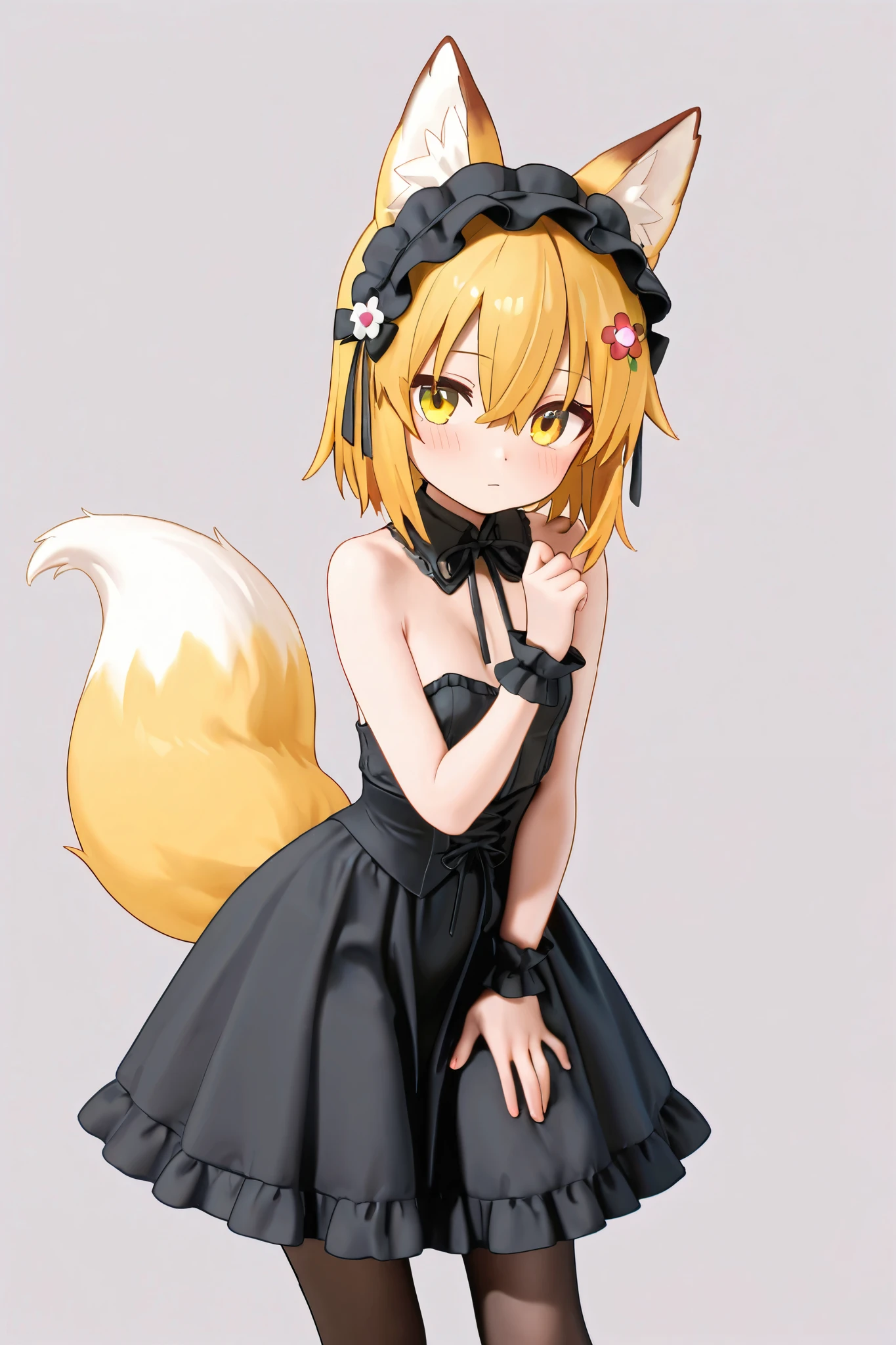 NSFW,masterpiece,best quality,high resolution,very detailed,Fairy Fox\(世話やきキツネのFairy Foxさん\),short hair,bungs、golden hair、hair ornament、 Beast Ears、hair between eyes、yellow eyes、flower、髪のflower、 Beast Earsの綿毛、fox ears、赤いflower、Fox Girl, Gothic Lolita Dress