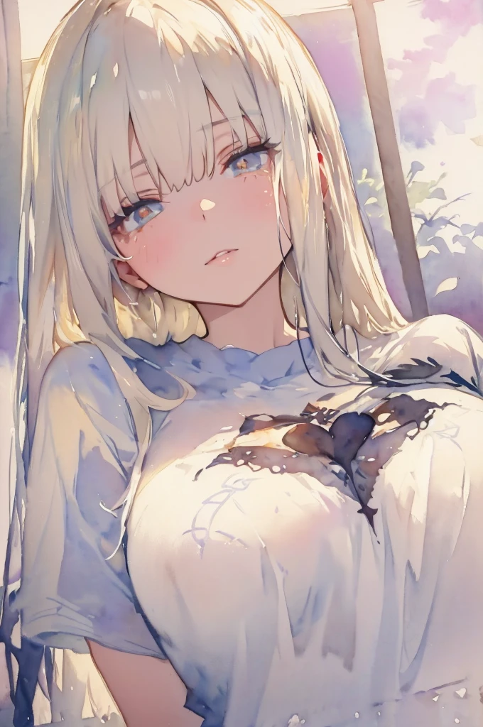 (Landscape photo, with a woman in the bottom right of photo:1.5, in white garden:1.5), Masterpiece, best quality, (very detailed CG unity 8k wallpaper), (best quality), High definition RAW color art, Animation,sculptures, (black Marble Skin), (((Ultra detailed elegant))), Magical atmosphere, Detailed skin, Texture,(Intricately detailed, Fine detail, ultra-detail art), depth of fields, Bokeh, Silky Touch, Hyper Detail, beautiful eyes, elegant face, (lying on floor, from underbreast), sparkle background, enormous breast:1.3, (silver hair), pure white, pose, muscle, embarrassing face, rose, light