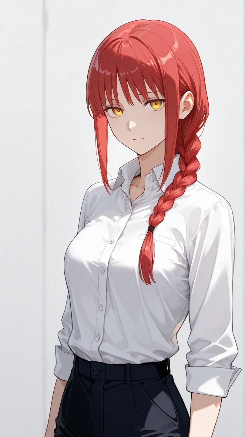 masterpiece, high quality, makima \(chainsaw man\), 1girl,solo,golden_eyes,red hair, long braided hair,white shirt, necktie,middle breasts, crazy smile,looking back,