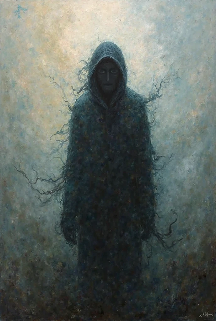 suffering evil monk, jesus christ face, crown of thorns and shark roses , arafed image of a man with a head in the fog, yuri shwedoff and tom bagshaw, by Artur Tarnowski, eerie spiritual grainy, eerie person silhouette, zdzislaw beksisnski, guillem h. pongiluppi, beksisnski, darksynth character portrait, inspired by Beksinski,