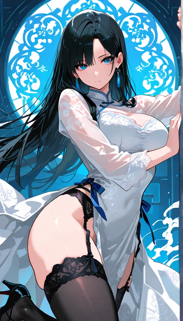 1 girl(masterpiece,top quality,best quality,official art,Beauty and aesthetics:1.2),(Pick dyeing,The main body of hair is black,Pick dyeing为蓝色和粉色:1:2),facing away,Bare back,ponytail,big sister,tall figure,enchanted,enchanting,Flushed complexion,Very, very big,super gigantic ,breasts than head,cleavage,Cockeks,Water-ed whitarent skirt,Soaked white shirt,White lace bra,White leg rings
