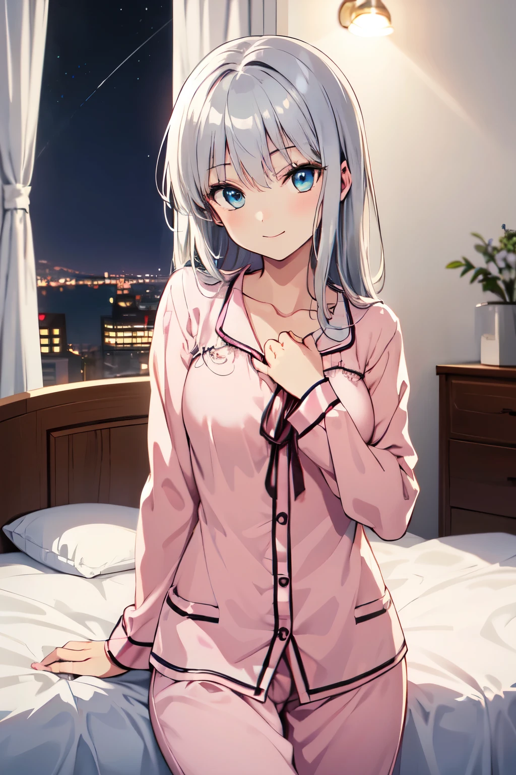 ((masterpiece)), ((best quality)), (ultra-detailed), ((extremely detailed cg)), ((an extremely delicate)), (perfect lighting), ((8k)), (dynamic angle), (sharp image), vibrant colors, female, masterpiece, sharp focus, best quality, depth of field, cinematic lighting, (anime screencap:1.4), multicolored hair, ((night:1.4)), silver hair, blush, long hair, bow, blue eyes, smile, Fluffy pajamas, skindentation, zettai ryouiki, plaid, earrings, (sexy:1.2), bedroom, lying bed,