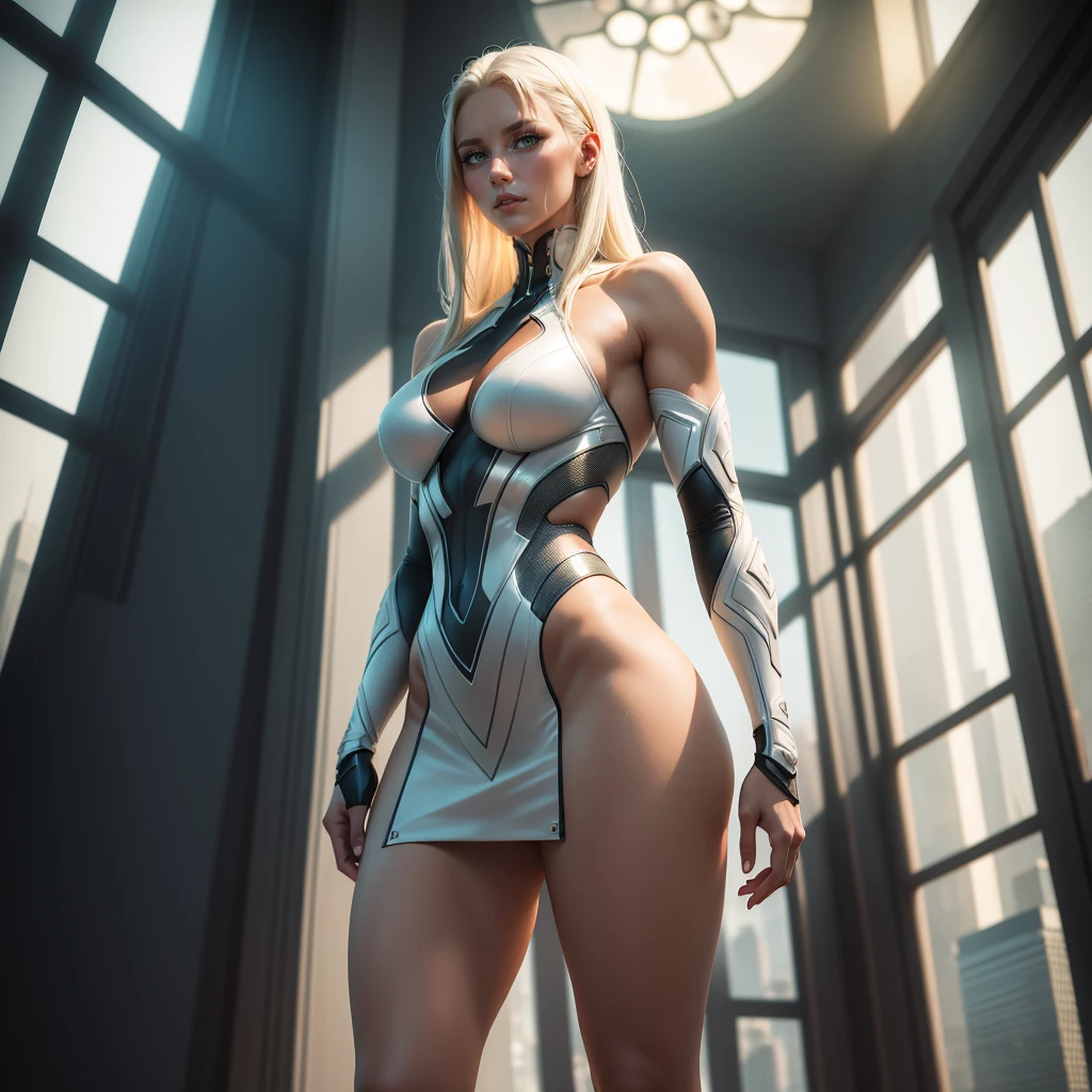(full body), (alone), Halo Series, (Kate Kennedy), perfect eyes, high resolution, totally realistic, wide hips, thick thighs, very small breasts, wearing a micro bikini, 4K, normal hands, delicate hands, normal fingers, in a futuristic room, (no clothes), (no clothes), studio lighting, seductive smile, amazing, perfect, high rendering