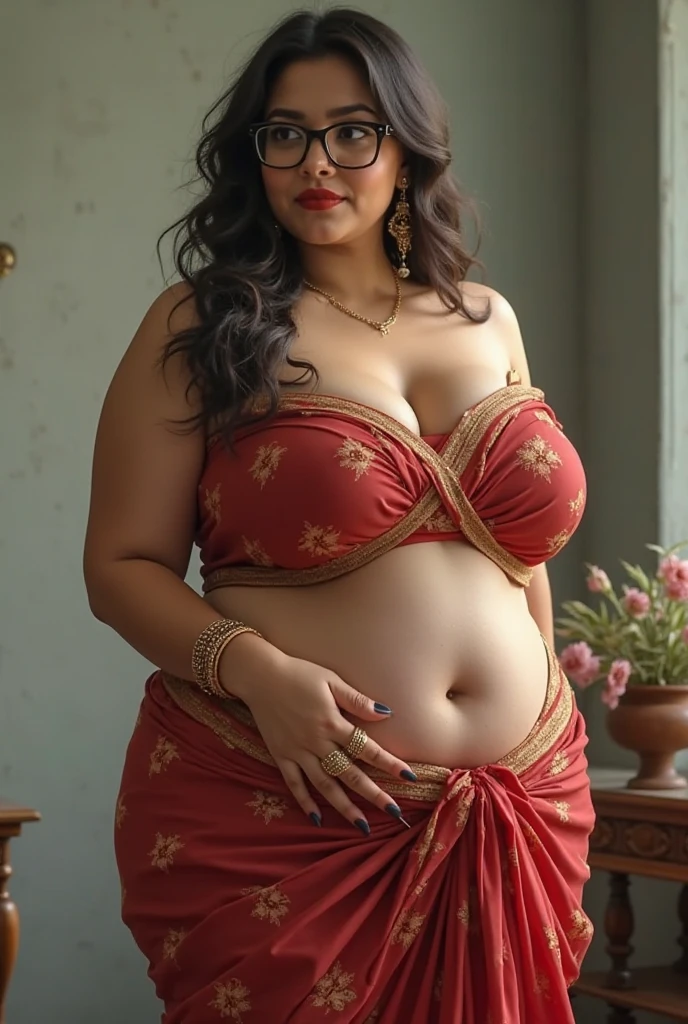Indian woman wearing bellydancer dress and short skirt, (young woman), 20 years old, (chubby cheeks:1.5), (curvy body:1.4), (eyeglasses), (bindi), An Indian beauty, charismatic, light Indian- skin, view the viewer, naughty smile, luxurious villa in background, both eyes are the same, full-body shot, hd, 2k, 4k , 8k, 16k