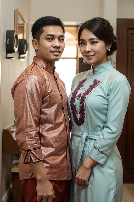 photography, this couple young Indonesian have a clean face, wear batik javanese ordinary pre-wedding clothes, standing and holding hands intimately , a little smile ,dramatically, indicating dramatic art, dark violet and red decorated green lush leaves cherry blossom tree pots on the right and left side, lantern heart shaped, text tittle the name "PUTRA & AYU", letters are on red white heart logo behind them, use unique and latin font, a little dim light