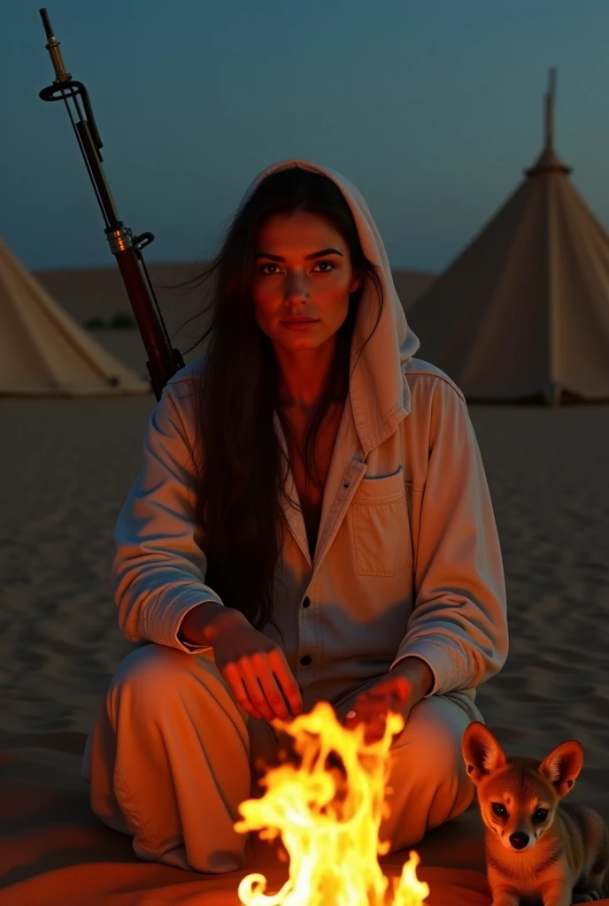 (best quality, realistic, highres:1.2), homeless girl in a dirty white dress and a black beanie, burning barrel in the background and an improvised tent, stepping on sand, hyperrealistic, portraits, desaturated colors, dramatic lighting, loira