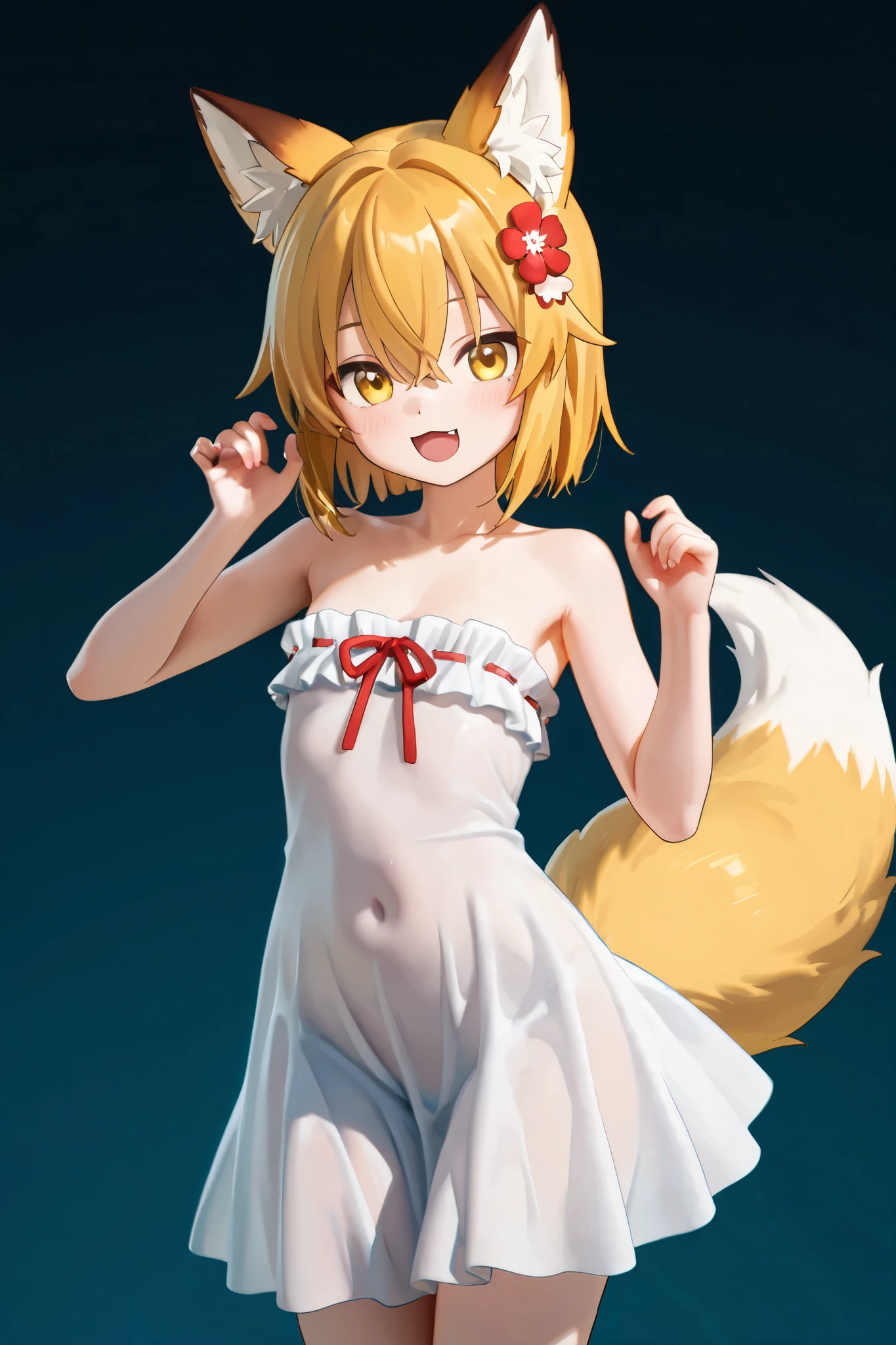 NSFW,masterpiece,best quality,high resolution,very detailed,Fairy Fox\(世話やきキツネのFairy Foxさん\),short hair,bungs、golden hair、hair ornament、 Beast Ears、hair between eyes、yellow eyes、flower、髪のflower、 Beast Earsの綿毛、fox ears、赤いflower、Fox Girl,strapless ruffle dress,flower柄のドレス