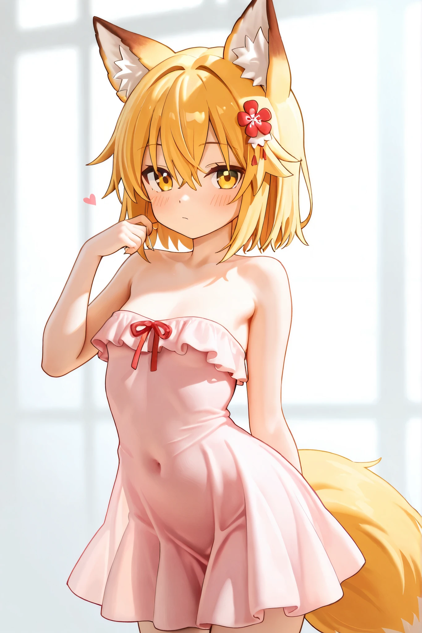 NSFW,masterpiece,best quality,high resolution,very detailed,Fairy Fox\(世話やきキツネのFairy Foxさん\),short hair,bungs、golden hair、hair ornament、 Beast Ears、hair between eyes、yellow eyes、flower、髪のflower、 Beast Earsの綿毛、fox ears、赤いflower、Fox Girl,strapless ruffle dress,flower柄のドレス