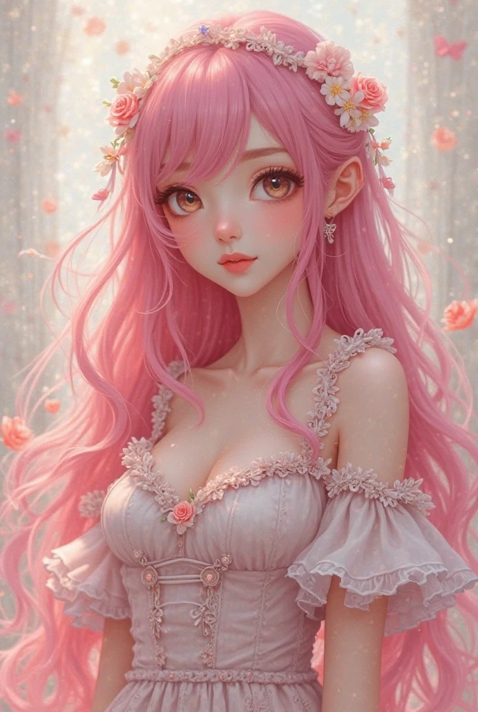 (masterpiece, best quality:1.3), 1girl, pink hair, french braid, long hair, yellow eyes, light smile, upper body, portrait, looking at viewer, dr3ss, pastel theme gown, floral print, puffy short sleeves, hair flower, see-through, cleavage, medium breasts, jewelry, ballroom, indoors, chandelier, windows, beautiful face, beautiful eyes, <lora:Outfit_soph-SpringFlingCouture:0.8>