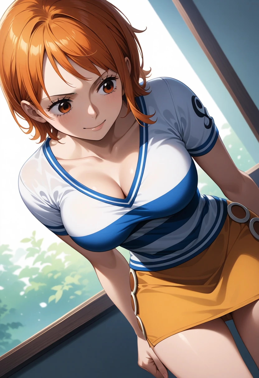 NSFW,white panties,Dynamic composition,dutch angle,from below,{{on one knee}},small face (of a woman),{{{masterpiece}}, {{{Highest quality}}},{{Very detailed}},{{1girl,30years old,{Mature Woman}},{{tall}},{{Adult female}},sharp look,{{Fighting stance}},{{nami (one piece), short hair, orange hair, brown eyes, cleavage, striped shirt, white shirt, short sleeves, bracelet, miniskirt, yellow skirt}},{fighting stance}},{White lace bra},{}, ,{{}},{{}},,{{blushing with anger}},{{}},,{{}},{{}},,Slender body}}{{Avoidance}}{Wrinkles ,amount,Grit your teeth,suffering,v-shaped eyebrows.,Sweat dripping,Medium chest ,get annoyed,,Slums,,Twisting