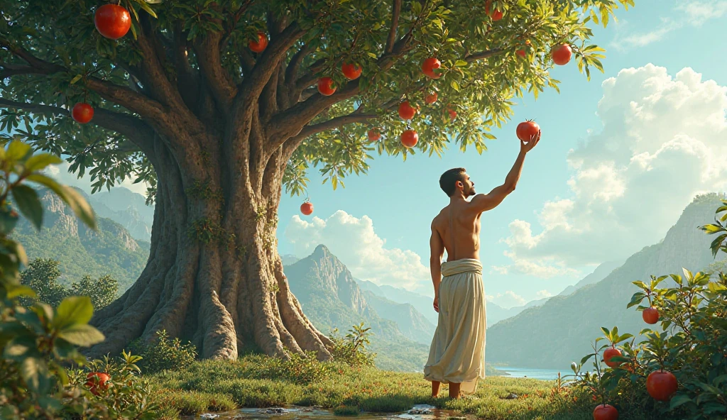 create a tree with many fruits, a person throwing stones at it, 8k ultra-realistic, cinematic