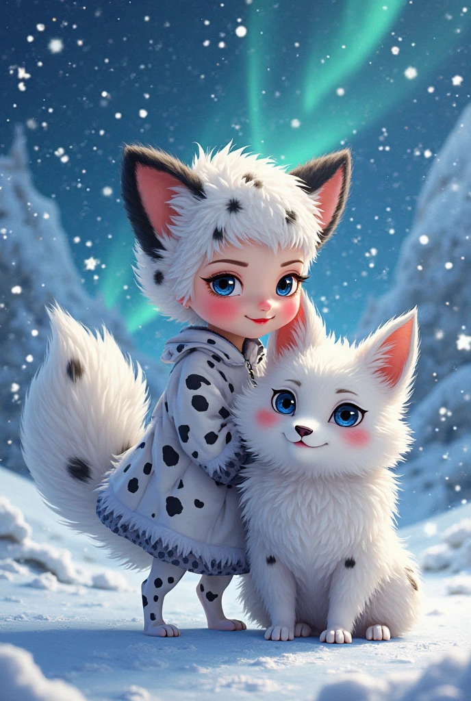 chibi, wolf and beautiful girl, good friend, best friend, play, love, light, mystery, bright smile, fun, blue eyes, kind eyes, bright background, winter, snow, warm, high image quality, lassen