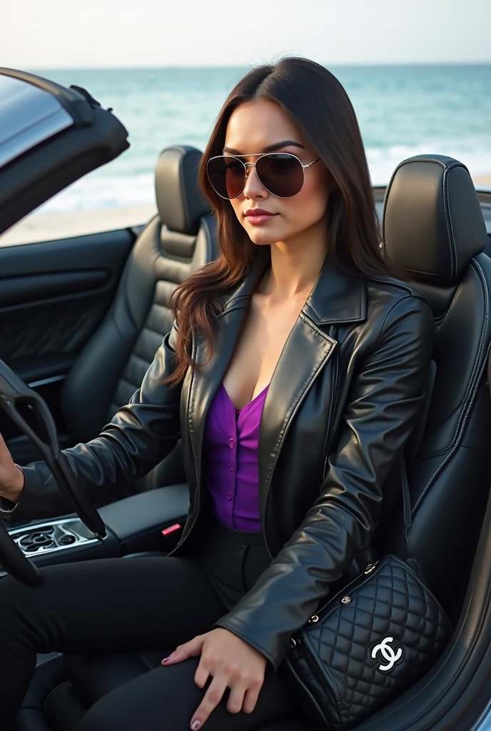 a close up of Ayesha Erotica in a pink jacket with exposed black bra, mini skirt, high heels, slutty, sexy, sun glasses on top of head, professional cosplay, cleavage, necklace, in Hollywood, 1girl