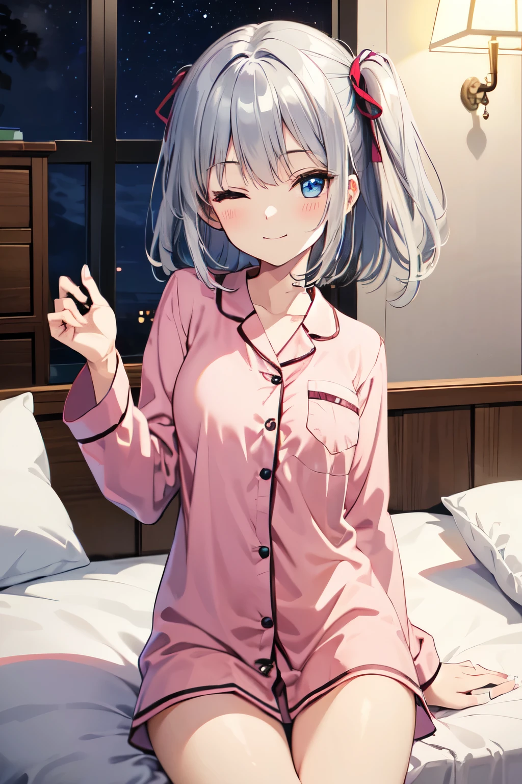 17 year old girl sitting on bed、solo、Anime-style paintings、Wearing pajamas、Silver and bob short hairstyle、Tie your hair up with a hair clip、Pink Eyes、smile、smile、The soft texture of pajamas、Upper body close-up、Grey and pink colour scheme、Background blur、The depth of the drawn boundaries