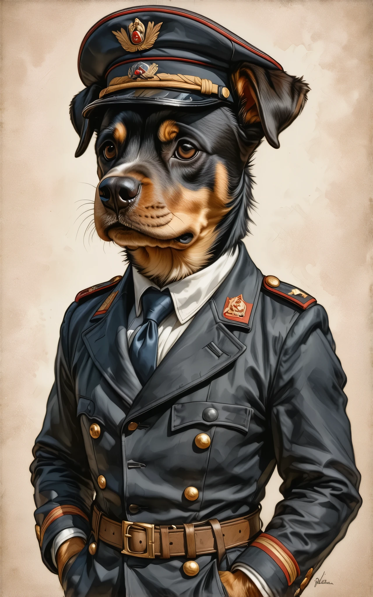 2-D art, cartoon style, old-school Disney, hand drawing, (best quality, masterpiece:1.2), side view, anthropomorphic, a Rottweiler dog with short hair, wearing army officer uniform and black hat, gangster, 1890s style background, noire, simple lines, looking to camera, dangerous look, aggressive, expressive eyes, (natural textile texture, soft light, sharp:1.2), (intricate details:1.1), bokeh