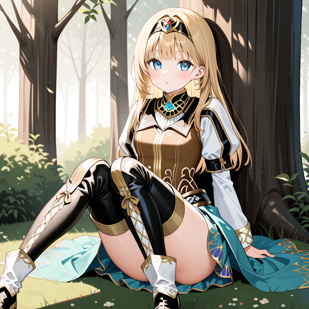 ((masterpiece、Highest quality、Super Fine、High resolution、Genuine、Sharp focus))、Face Light、((And yet delicate and beautiful))、Female Elf、Deedlit、((Blonde Hair))、((Ponytail)),Round face、Sexy figure、Blue and white armor、in the forest、Black knee-high socks、Fantasy Characters、((Large Breasts)),Sexy Costumes