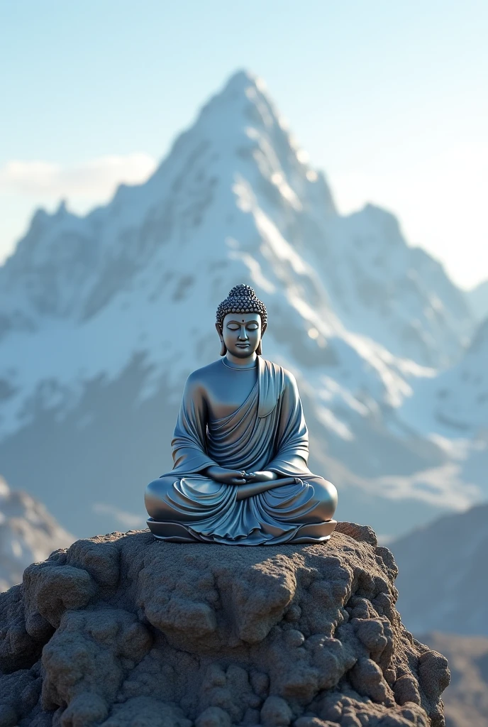 Mahavira grey statue, less detailed, with no drape, meditating, on a big mountain 